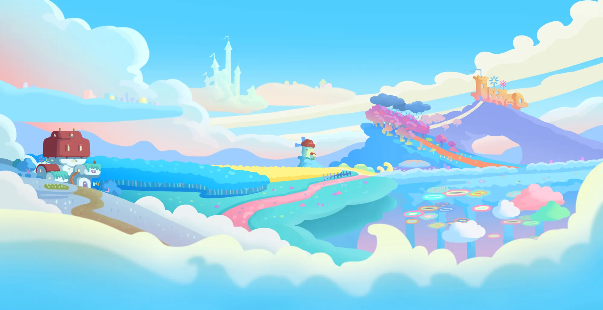 A wide, dreamy panorama of the Cloudtopia world bathed in sunlight