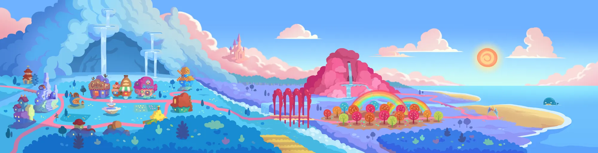 A sweeping view across the rooftops and skies of Cloudtopia