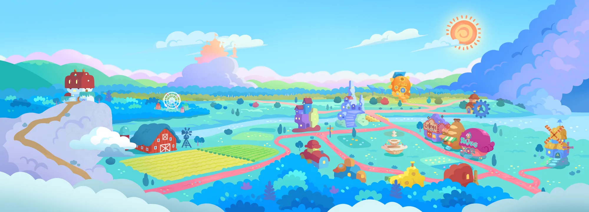 A golden-hour view across the dreamy landscape of Cloudtopia